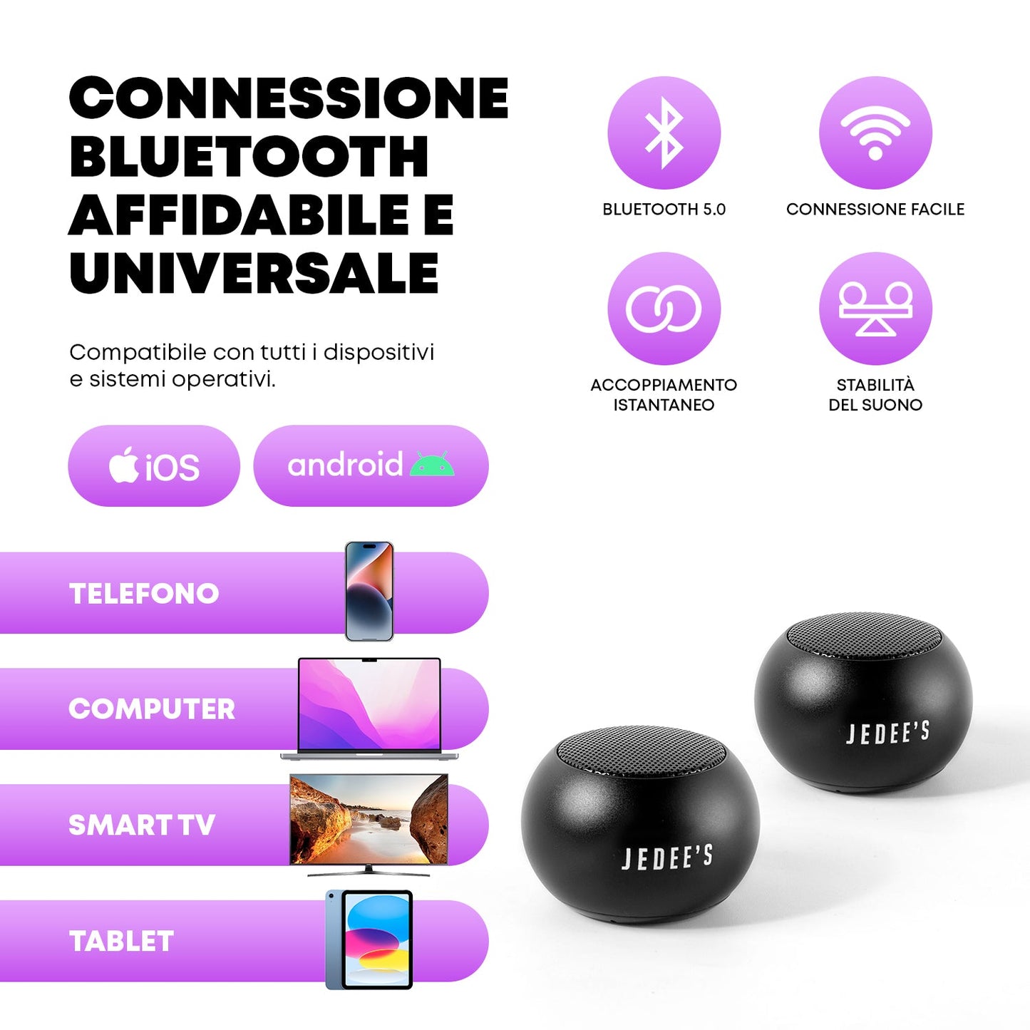 Mini Altoparlante duo Bluetooth con stazione di ricarica magnetica Jedee's