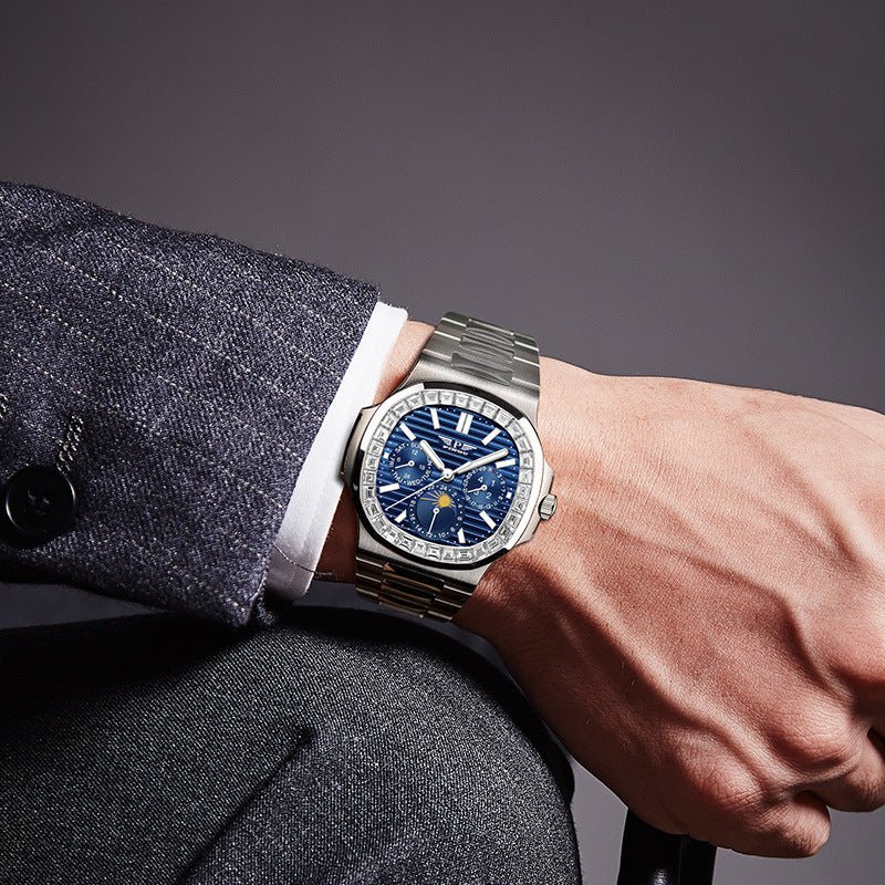 Men's Watch With Diamond Blue Face Large Square Dial - VIDEOPROJECTEUR - Men's Watch With Diamond Blue Face Large Square Dial