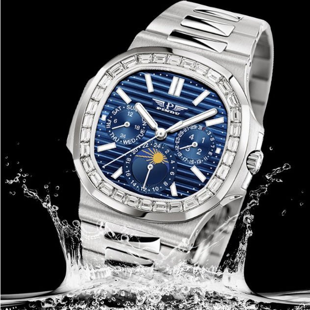 Men's Watch With Diamond Blue Face Large Square Dial - VIDEOPROJECTEUR - Men's Watch With Diamond Blue Face Large Square Dial