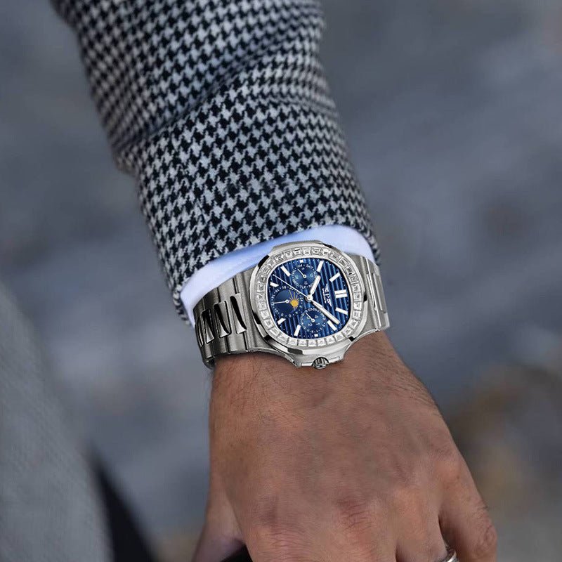 Men's Watch With Diamond Blue Face Large Square Dial - VIDEOPROJECTEUR - Men's Watch With Diamond Blue Face Large Square Dial